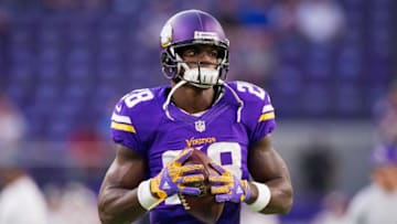 Sep 1, 2016; Minneapolis, MN, USA; Minnesota Vikings running back Adrian Peterson (28) warms up before the game against the Minnesota Vikings at U.S. Bank Stadium. Mandatory Credit: Brad Rempel-USA TODAY Sports