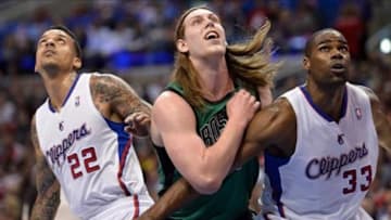 Jan 8, 2014; Los Angeles, CA, USA; Los Angeles Clippers small forward Matt Barnes (22), Boston Celtics center Kelly Olynyk (41) and Los Angeles Clippers power forward Antawn Jamison (33) jockey for rebounding position during second quarter action at Staples Center. Mandatory Credit: Robert Hanashiro-USA TODAY Sports