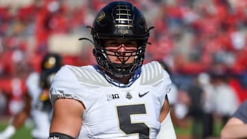 LINCOLN, NE - OCTOBER 30: Defensive end George Karlaftis #5 of the Purdue Boilermakers warms up before the game against the Nebraska Cornhuskers at Memorial Stadium on October 30, 2021 in Lincoln, Nebraska. (Photo by Steven Branscombe/Getty Images)