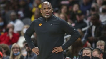 Feb 26, 2022; Atlanta, Georgia, USA; Atlanta Hawks head coach Nate McMillan reacts after a technical foul against the Toronto Raptors in the second quarter at State Farm Arena. Mandatory Credit: Brett Davis-USA TODAY Sports
