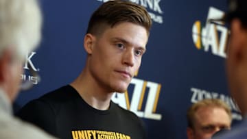 SALT LAKE CITY, UT - APRIL 22: Jonas Jerebko #8 of the Utah Jazz talks to the media during the press conference at Zions Bank Basketball Campus on April 22, 2018 in Salt Lake City, Utah. Copyright 2018 NBAE (Photo by Melissa Majchrzak/NBAE via Getty Images)