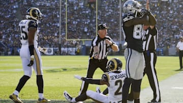 Aug 13, 2016; Los Angeles, CA, USA; Dallas Cowboys wide receiver Dez Bryant (88) celebrates a touchdown against the Los Angeles Rams during the first quarter at Los Angeles Memorial Coliseum. Mandatory Credit: Kelvin Kuo-USA TODAY Sports