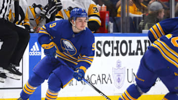 Oct 6, 2023; Buffalo, New York, USA; Buffalo Sabres left wing Zach Benson (9) skates with the puck during the third period against the Pittsburgh Penguins at KeyBank Center. Mandatory Credit: Timothy T. Ludwig-USA TODAY Sports