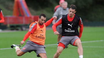 ST ALBANS, ENGLAND - OCTOBER 28: (L-R) Santi Cazorla and Granit Xhaka of Arsenal during a training session at London Colney on October 28, 2016 in St Albans, England. (Photo by Stuart MacFarlane/Arsenal FC via Getty Images)