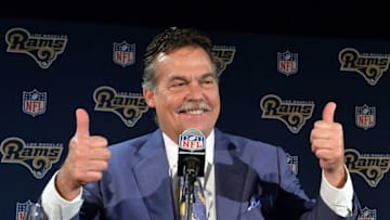 Apr 28, 2016; Los Angeles, CA, USA; Los Angeles Rams coach Jeff Fisher at press conference at Courtyard L.A. Live after selecting quarterback Jared Goff (not pictured) as the No. 1 pick in the 2016 NFL Draft. Mandatory Credit: Kirby Lee-USA TODAY Sports