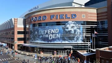 Nov 22, 2015; Detroit, MI, USA; A general view of Ford Field during national anthem prior to the game between the the Oakland Raiders and the Detroit Lions. Mandatory Credit: Kirby Lee-USA TODAY Sports