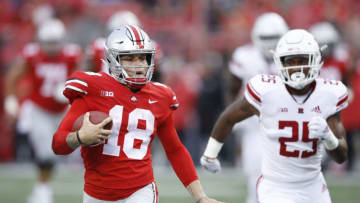COLUMBUS, OH - SEPTEMBER 08: Tate Martell #18 of the Ohio State Buckeyes breaks free on a 47-yard touchdown run in the fourth quarter of the game against the Rutgers Scarlet Knights at Ohio Stadium on September 8, 2018 in Columbus, Ohio. Ohio State won 52-3. (Photo by Joe Robbins/Getty Images)