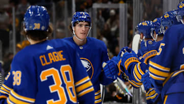 Dec 31, 2022; Boston, Massachusetts, USA; Buffalo Sabres center Tage Thompson (72) is congratulated at the bench after scoring against the Boston Bruins during the first period at TD Garden. Mandatory Credit: Winslow Townson-USA TODAY Sports
