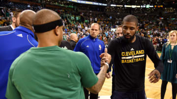 BOSTON, MA - MAY 17: Kyrie Irving #2 of the Cleveland Cavaliers shakes hands with Isaiah Thomas #4 of the Boston Celtics before the game during Game One of the Eastern Conference Finals of the 2017 NBA Playoffs on May 17, 2017 at the TD Garden in Boston, Massachusetts. NOTE TO USER: User expressly acknowledges and agrees that, by downloading and or using this photograph, User is consenting to the terms and conditions of the Getty Images License Agreement. Mandatory Copyright Notice: Copyright 2017 NBAE (Photo by Brian Babineau/NBAE via Getty Images)
