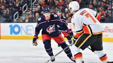 COLUMBUS, OH - NOVEMBER 22: Josh Anderson #77 of the Columbus Blue Jackets skates against the Calgary Flames on November 22, 2017 at Nationwide Arena in Columbus, Ohio. (Photo by Jamie Sabau/NHLI via Getty Images)
