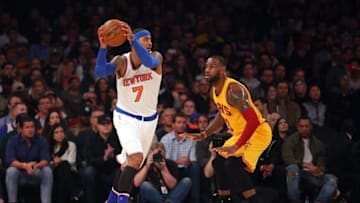 Mar 26, 2016; New York, NY, USA; New York Knicks small forward Carmelo Anthony (7) in action against Cleveland Cavaliers small forward LeBron James (23) at Madison Square Garden. Mandatory Credit: Brad Penner-USA TODAY Sports