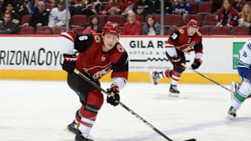 GLENDALE, AZ - FEBRUARY 25: Jakob Chychrun #6 of the Arizona Coyotes skates with the puck against the Vancouver Canucks at Gila River Arena on February 25, 2018 in Glendale, Arizona. (Photo by Norm Hall/NHLI via Getty Images)