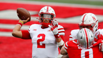 Oct 24, 2020; Columbus, Ohio, USA; Nebraska Cornhuskers quarterback Adrian Martinez (2) throws during the third quarter against the Ohio State Buckeyes at Ohio Stadium. Mandatory Credit: Joseph Maiorana-USA TODAY Sports