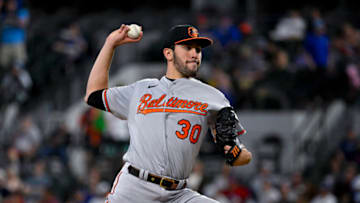 Apr 5, 2023; Arlington, Texas, USA; Baltimore Orioles starting pitcher Grayson Rodriguez (30) pitches against the Texas Rangers during the fifth inning at Globe Life Field. Mandatory Credit: Jerome Miron-USA TODAY Sports