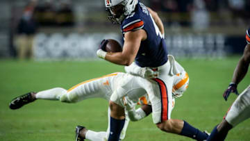 Auburn football tight end John Samuel Shenker (47) turns up field after a catch at Jordan-Hare Stadium in Auburn, Ala., on Saturday, Nov. 21, 2020. Auburn defeated Tennessee 30-17.