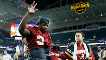 MIAMI, FL - DECEMBER 29: Damien Harris #34 of the Alabama Crimson Tide celebrates the win over the Oklahoma Sooners during the College Football Playoff Semifinal at the Capital One Orange Bowl at Hard Rock Stadium on December 29, 2018 in Miami, Florida. (Photo by Michael Reaves/Getty Images)
