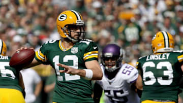GREEN BAY, WI - SEPTEMBER 16: Aaron Rodgers #12 of the Green Bay Packers throws a pass during the first quarter of a game against the Minnesota Vikings at Lambeau Field on September 16, 2018 in Green Bay, Wisconsin. (Photo by Jonathan Daniel/Getty Images)