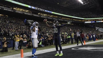 January 7, 2017; Seattle, WA, USA; Seattle Seahawks wide receiver Paul Richardson (10) celebrates his touchdown scored against the Detroit Lions during the first half in the NFC Wild Card playoff football game at CenturyLink Field. Mandatory Credit: Troy Wayrynen-USA TODAY Sports