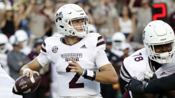 COLLEGE STATION, TEXAS - OCTOBER 02: Will Rogers #2 of the Mississippi State Bulldogs drops back for a pass against the Texas A&M Aggies at Kyle Field on October 02, 2021 in College Station, Texas. (Photo by Bob Levey/Getty Images)
