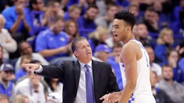LEXINGTON, KY - NOVEMBER 11: John Calipari the head coach of the Kentucky Wildcats gives instructions to Sacha Killeya-Jones