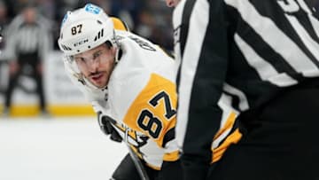 COLUMBUS, OHIO - APRIL 13: Sidney Crosby #87 of the Pittsburgh Penguins lines up for a face off during the first period against the Columbus Blue Jackets at Nationwide Arena on April 13, 2023 in Columbus, Ohio. (Photo by Jason Mowry/Getty Images)