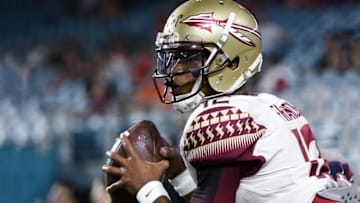 Oct 8, 2016; Miami Gardens, FL, USA; Florida State Seminoles quarterback Deondre Francois (12) warms up before a game against Miami Hurricanes at Hard Rock Stadium. Mandatory Credit: Steve Mitchell-USA TODAY Sports