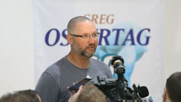 SALT LAKE CITY, UT - MARCH 22: Greg Ostertag #00 of the Utah Jazz speaks to the press during a press interview about the 1997 Reunited Western Conference Champs at Zions Bank Basketball Center on March 22, 2017 in Salt Lake City, Utah. Copyright 2017 NBAE (Photo by Melissa Majchrzak/NBAE via Getty Images)