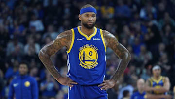 OAKLAND, CA - MARCH 05: DeMarcus Cousins #0 of the Golden State Warriors looks on against the Boston Celtics during an NBA basketball game at ORACLE Arena on March 5, 2019 in Oakland, California. NOTE TO USER: User expressly acknowledges and agrees that, by downloading and or using this photograph, User is consenting to the terms and conditions of the Getty Images License Agreement. (Photo by Thearon W. Henderson/Getty Images)