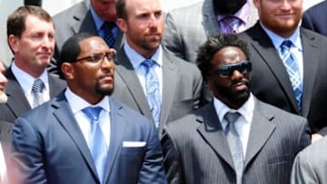 Jun 5, 2013; Washington, DC, USA; Baltimore Ravens linebacker Ray Lewis (left) and safety Ed Reed (right) during the White House Visit at The White House. Mandatory Credit: Evan Habeeb-USA TODAY Sports