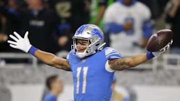 DETROIT, MI - OCTOBER 28: Marvin Jones #11 of the Detroit Lions celebrates his first quarter touchdown against the Seattle Seahawks at Ford Field on October 28, 2018 in Detroit, Michigan. (Photo by Gregory Shamus/Getty Images)