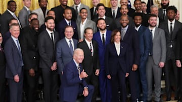 WASHINGTON, DC - JANUARY 17: U.S. President Joe Biden poses for a photo with the Golden State Warriors during a ceremony honoring the team in the East Room of the White House January 17, 2023 in Washington, DC. The Warriors won the 2022 NBA Championship. (Photo by Win McNamee/Getty Images)