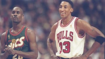 18 Mar 1997: Forward Scottie Pippen (right) of the Chicago Bulls and guard Gary Payton of the Seattle Supersonics stand during a break in the game at the United Center in Chicago, Illinois. The Bulls won the game 89 - 87. Mandatory Credit: Jonathan Dani