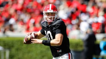 Apr 16, 2016; Athens, GA, USA; Georgia Bulldogs quarterback Jacob Eason (10) throws before the spring game at Sanford Stadium. Mandatory Credit: Brett Davis-USA TODAY Sports
