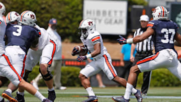 Apr 17, 2021; Auburn, Alabama, USA; Auburn Tigers running back Shaun Shivers (8) carries during the first quarter of the spring game at Jordan-Hare Stadium. Mandatory Credit: John Reed-USA TODAY SportsAuburn football
