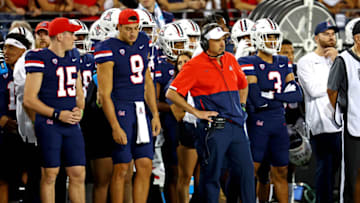 Oct 8, 2022; Tucson, Arizona, USA; Arizona Wildcats head coach Jedd Fisch looks on during the first half against the Oregon Ducks at Arizona Stadium. Mandatory Credit: Mark J. Rebilas-USA TODAY Sports