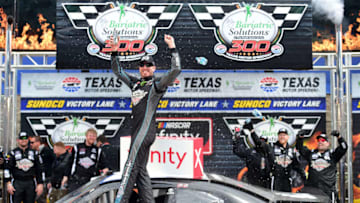 FORT WORTH, TX - MARCH 30: Kyle Busch, driver of the #18 iK9 Toyota, celebrates in victory lane after winning the NASCAR Xfinity Series My Bariatric Solutions 300 at Texas Motor Speedway on March 30, 2019 in Fort Worth, Texas. (Photo by Jared C. Tilton/Getty Images)