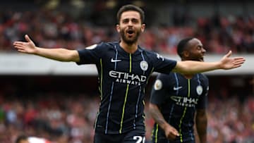 LONDON, ENGLAND - AUGUST 12: Bernardo Silva of Manchester City celebrates scoring his team's second goal during the Premier League match between Arsenal FC and Manchester City at Emirates Stadium on August 12, 2018 in London, United Kingdom. (Photo by Michael Regan/Getty Images)