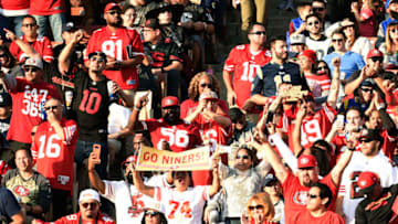 LOS ANGELES, CA - DECEMBER 31: San Francisco 49ers fans celebrate a touchdown against Los Angeles Rams during the third quarter at Los Angeles Memorial Coliseum on December 31, 2017 in Los Angeles, California. (Photo by Kevork Djansezian/Getty Images)