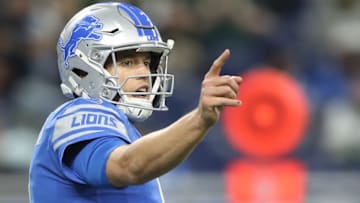 DETROIT, MI - DECEMBER 31: Quarterback Matthew Stafford No. 9 of the Detroit Lions of the Detroit Lions directs his team against the Green Bay Packers during the first half at Ford Field on December 31, 2017 in Detroit, Michigan. (Photo by Leon Halip/Getty Images)