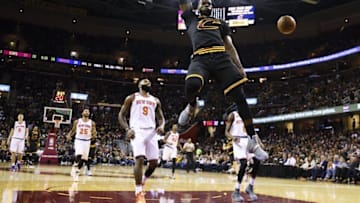 Oct 25, 2016; Cleveland, OH, USA; Cleveland Cavaliers forward LeBron James (23) dunks in the first half against the New York Knicks at Quicken Loans Arena. Mandatory Credit: Rick Osentoski-USA TODAY Sports
