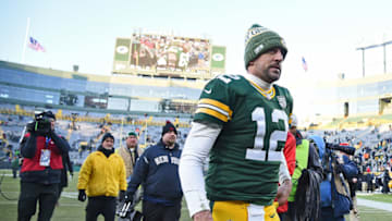 GREEN BAY, WISCONSIN - DECEMBER 09: Aaron Rodgers #12 of the Green Bay Packers walks off the field after a game against the Atlanta Falcons at Lambeau Field on December 09, 2018 in Green Bay, Wisconsin. (Photo by Stacy Revere/Getty Images)