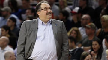 Apr 24, 2016; Auburn Hills, MI, USA; Detroit Pistons head coach Stan Van Gundy looks up during the second quarter against the Cleveland Cavaliers in game four of the first round of the NBA Playoffs at The Palace of Auburn Hills. Mandatory Credit: Raj Mehta-USA TODAY Sports