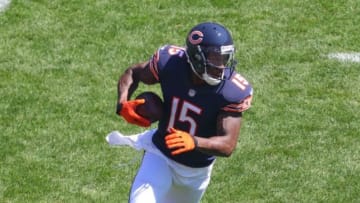 Sep 7, 2014; Chicago, IL, USA; Chicago Bears wide receiver Brandon Marshall (15) runs with the ball during the first quarter against the Buffalo Bills at Soldier Field. Mandatory Credit: Dennis Wierzbicki-USA TODAY Sports