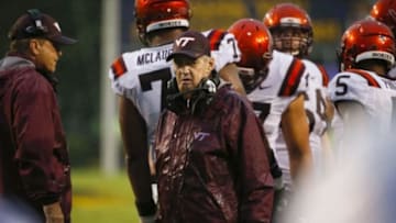 Sep 26, 2015; Greenville, NC, USA; Virginia Tech Hokies head coach Frank Beamer looks on during the third quarter against the East Carolina Pirates at Dowdy-Ficklen Stadium. East Carolina defeated Virginia Tech 35-28. Mandatory Credit: James Guillory-USA TODAY Sports