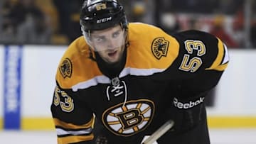 Sep 26, 2016; Boston, MA, USA; Boston Bruins center Seth Griffith (53) gets set for a face-off in overtime during a preseason hockey game against the Columbus Blue Jackets at TD Garden. Mandatory Credit: Bob DeChiara-USA TODAY Sports