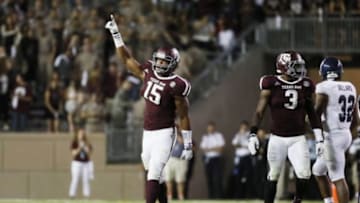 Sep 13, 2014; College Station, TX, USA; Texas A&M Aggies defensive lineman Myles Garrett (15) reacts against the Rice Owls during the second half at Kyle Field. Mandatory Credit: Soobum Im-USA TODAY Sports