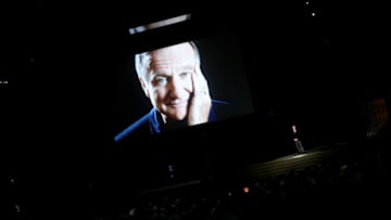 LOS ANGELES, CA - AUGUST 25: 66th ANNUAL PRIMETIME EMMY AWARDS -- Pictured: (l-r) An image of the late Robin Williams appears while actor/comedian Billy Crystal speaks on stage during the 66th Annual Primetime Emmy Awards held at the Nokia Theater on August 25, 2014. (Photo by Mark Davis/NBC/NBC via Getty Images)