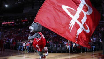 Mar 1, 2014; Houston, TX, USA; Houston Rockets mascot Clutch runs onto the court before a game against the Detroit Pistons at Toyota Center. Mandatory Credit: Troy Taormina-USA TODAY Sports