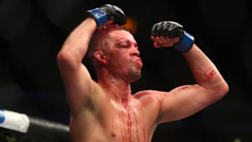 Jun 12, 2021; Glendale, Arizona, USA; Nate Diaz reacts against Leon Edwards during UFC 263 at Gila River Arena. Mandatory Credit: Mark J. Rebilas-USA TODAY Sports
