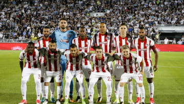 BELGRADE, SERBIA - JULY 25: Olympiacos players pose for the photo prior the UEFA Champions League Qualifying match between FC Partizan and Olympiacos on July 25, 2017 in Belgrade, Serbia. (Photo by Srdjan Stevanovic/Getty Images)